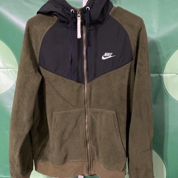 NIKE Women's full zip hooded microfleece jacket OLIVE/BLACK COLORBLOCK sz M-GUC - Picture 1 of 15